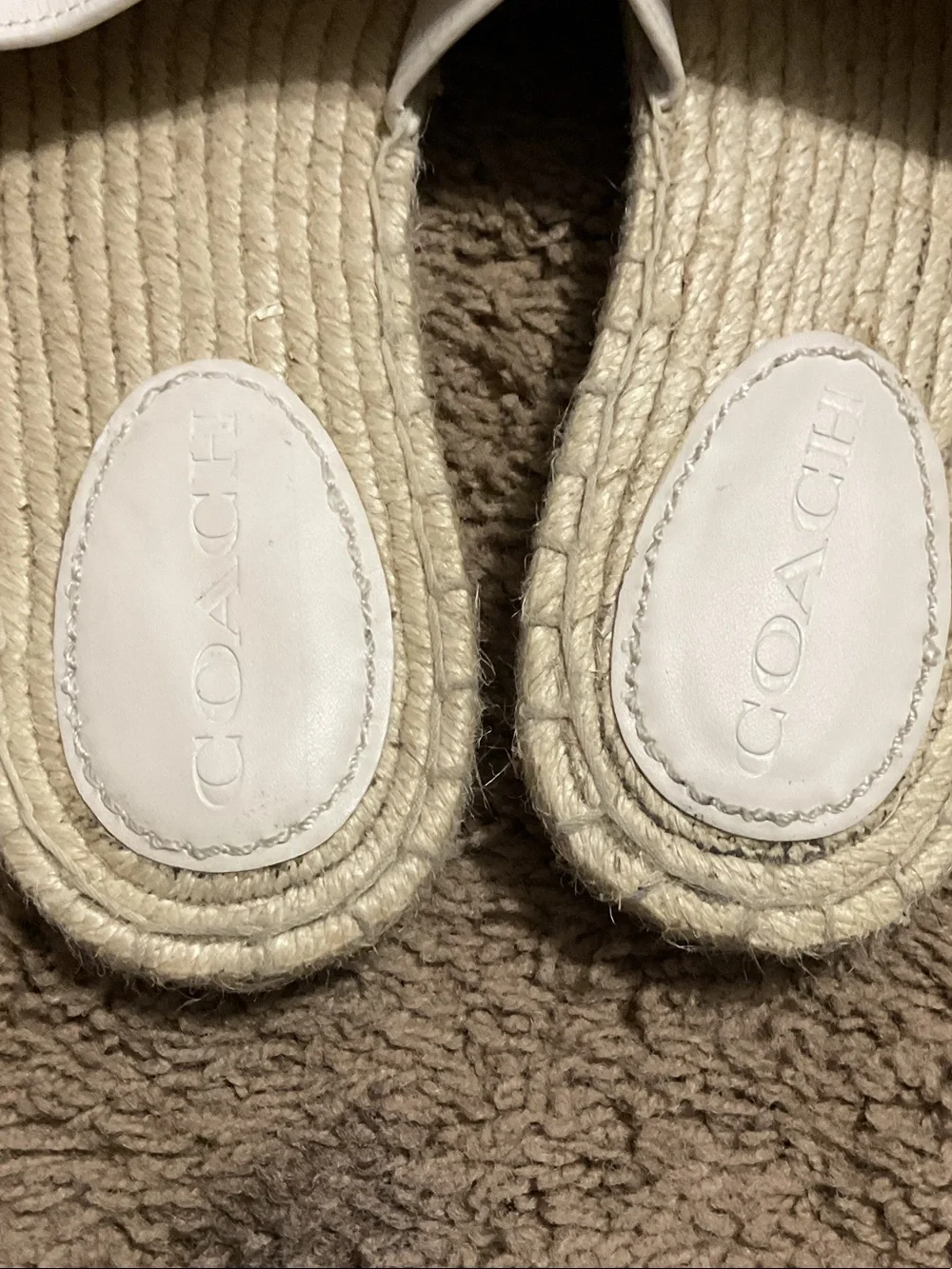 Coach White Leather Slide Sandals with Gold Coach Horse & Carriage Emblem
